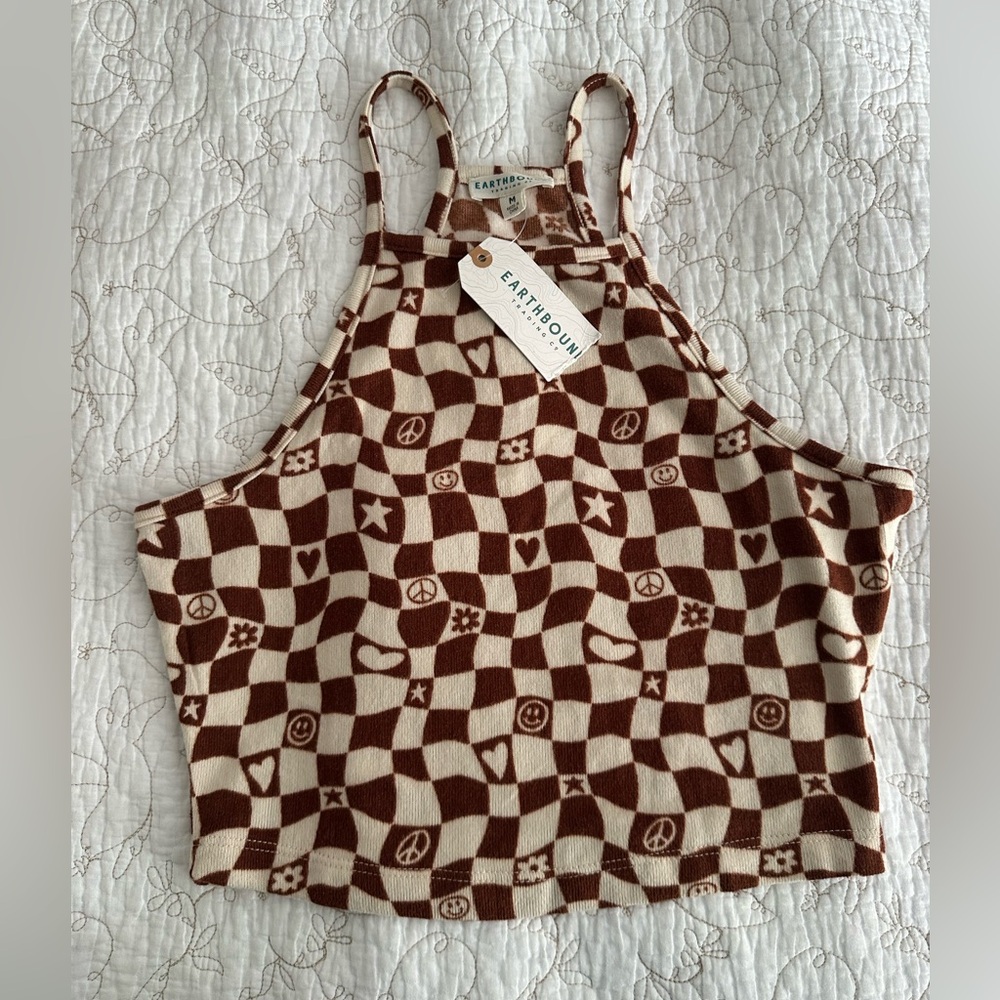 EARTHBOUND Brown and Cream Checkerboard Icon Soft Knit Cropped Tank